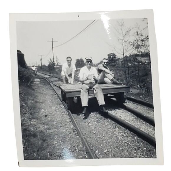 Vtg Monochrome Photography Men Sitting on Railroad Cart Found Snapshot - Picture 1 of 4